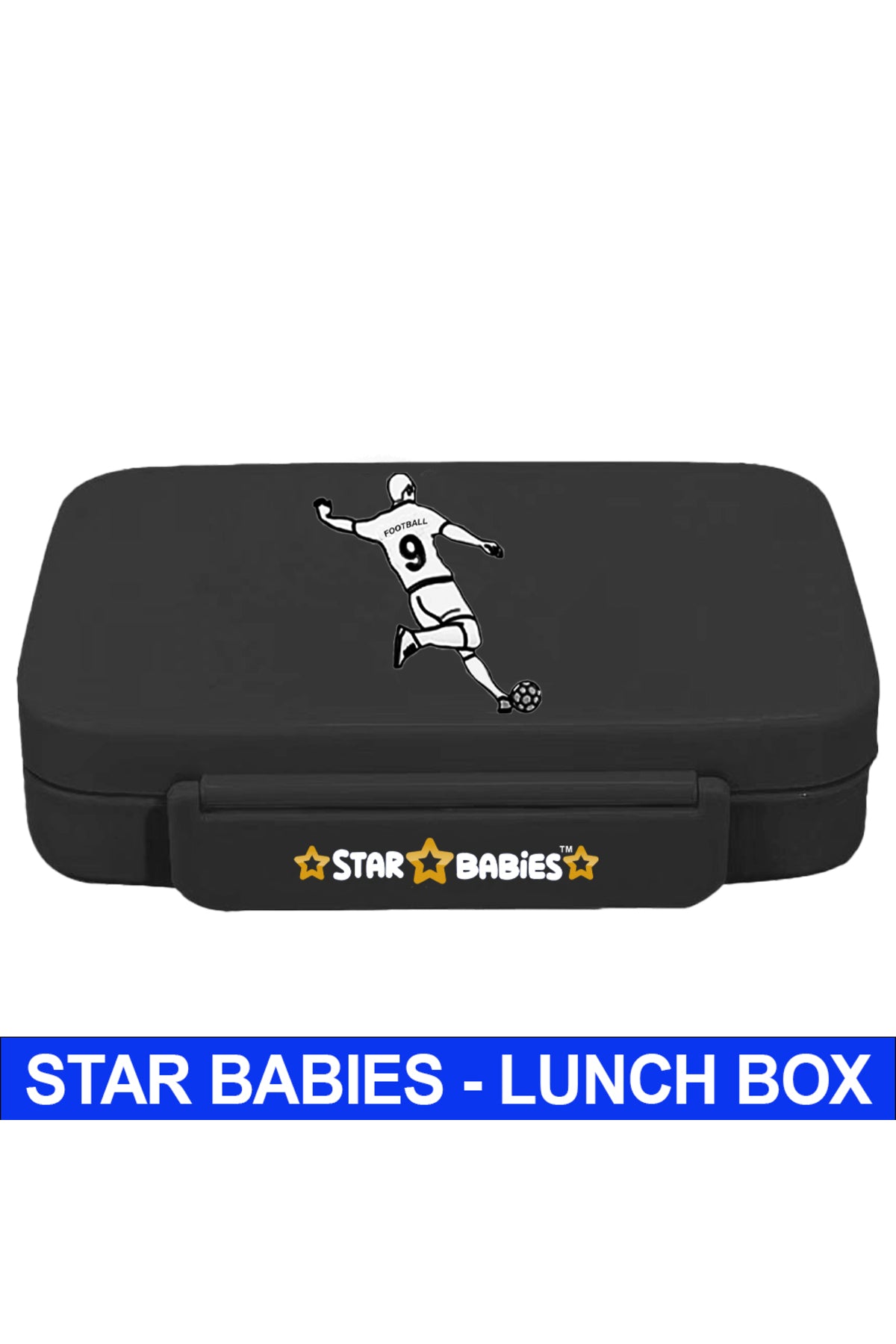 Star Babies Football Theme Bento Lunch Box with 4 Compartments, BPA Free, Leak-Proof, Toddler-Friendly, 3 Years+ size 22*16.5*4.85cm, Microwave Safe, Easy to clean, Keep Fresh - Black