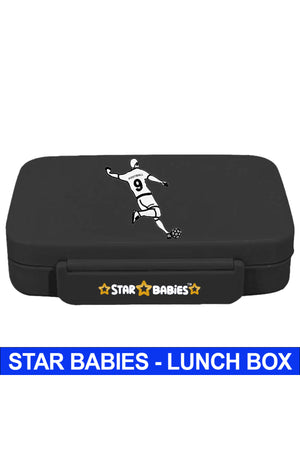 Star Babies Football Theme Bento Lunch Box with 4 Compartments, BPA Free, Leak-Proof, Toddler-Friendly, 3 Years+ size 22*16.5*4.85cm, Microwave Safe, Easy to clean, Keep Fresh - Black