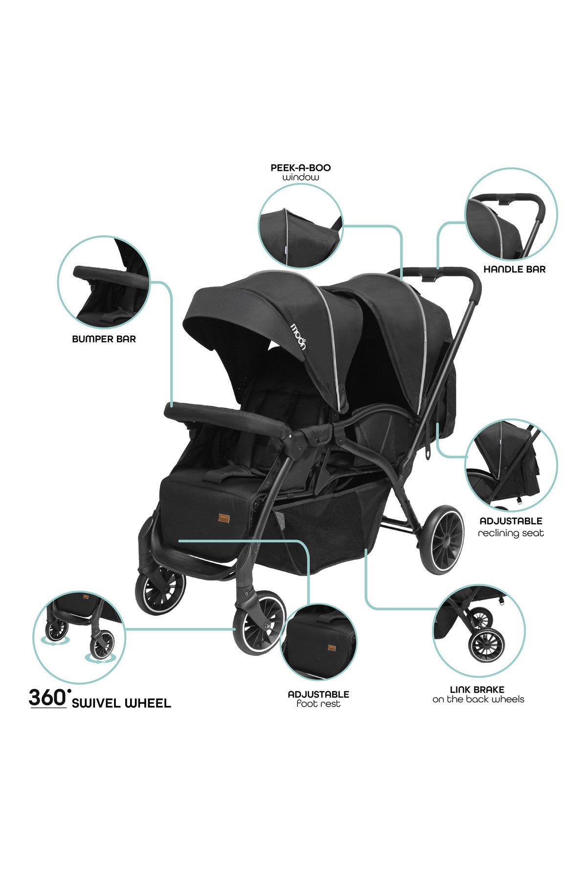 MOON Dois - Twin Stroller - Black, Twin Baby Stroller Pram