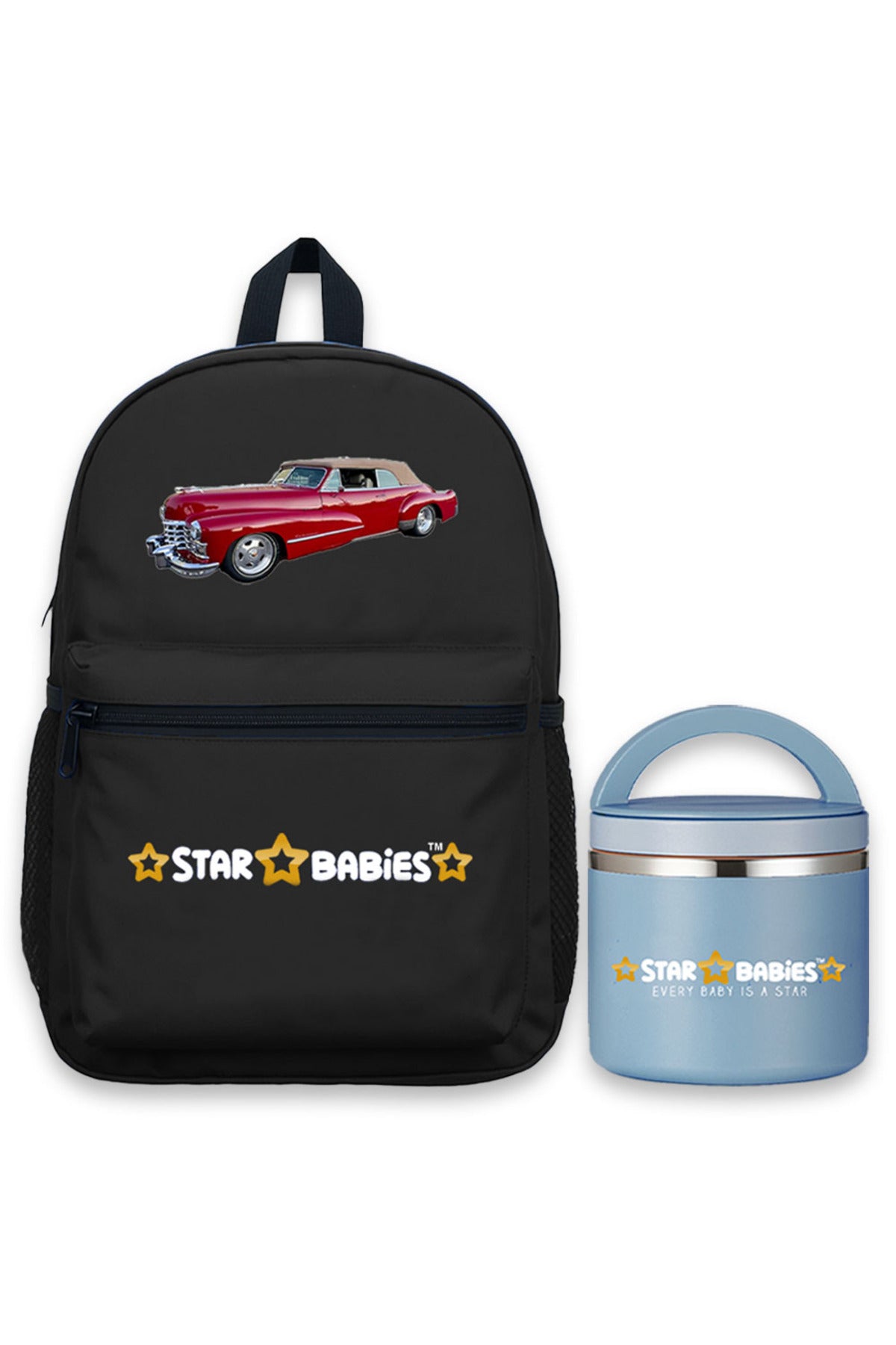 Star Babies car  theme  16-Inch Children's Backpack for boys Adjustable Shoulder Strap- Black  With food jar,Blue-500ml
