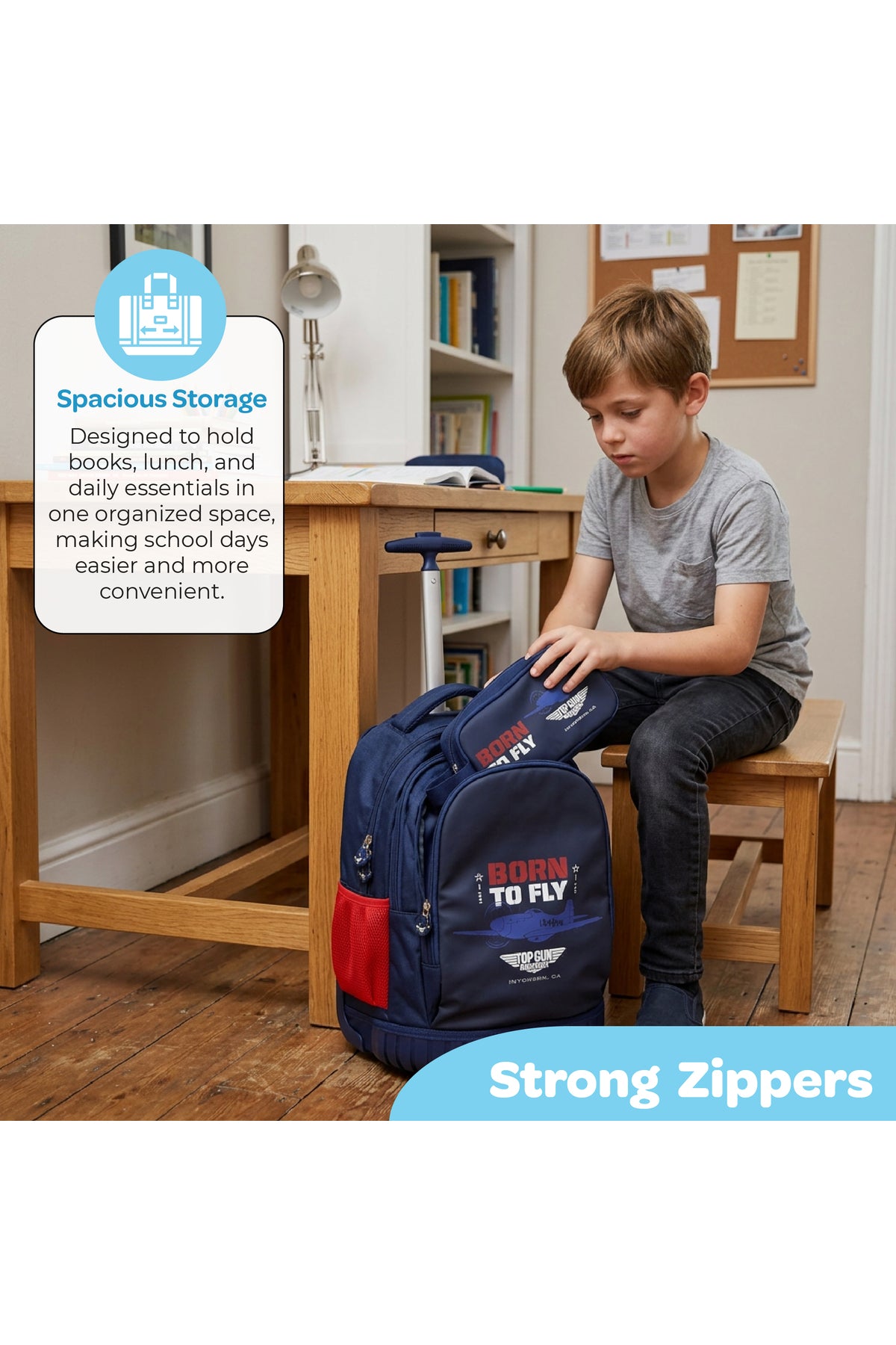 MOON Licensed Top Gun 3-in-1  Kids Trolley Set   - (18-Inch) Premium Kids School Bag with Lunch Bag & Pencil Case-Blue