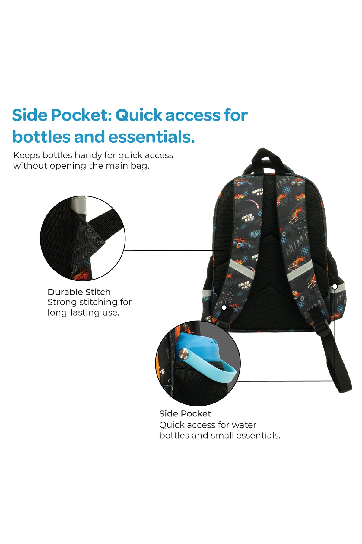 MOON  Kids Backpack    - (14-Inch)  Premium Kids School Bag -Racing Car