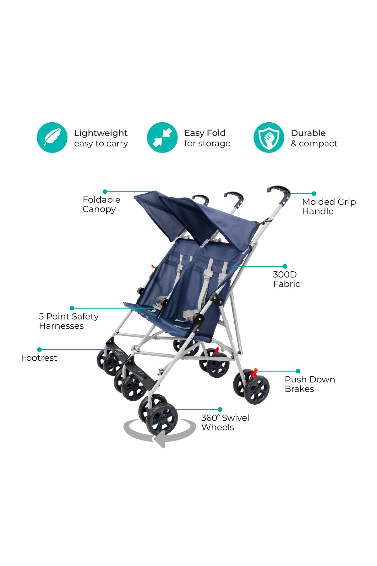 MOON  Jet Plus  Twin Buggy Lightweight Travel strollers - up to 30Kg,6m+ -Dark Blue