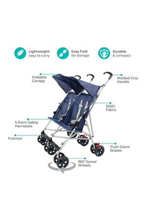 MOON  Jet Plus  Twin Buggy Lightweight Travel strollers - up to 30Kg,6m+ -Dark Blue