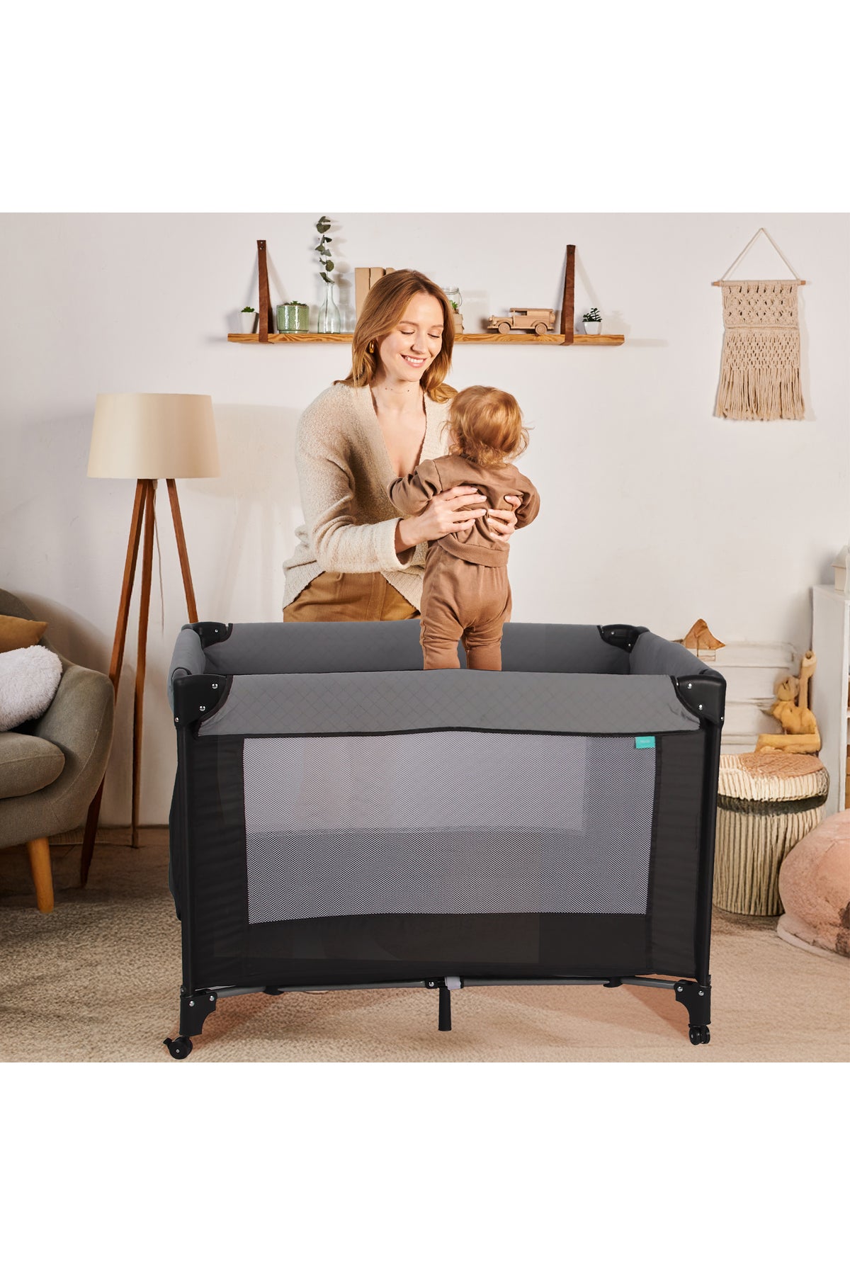 MOON Kidora Easy-Fold Playpen with Wheels, Storage & Edge Protection-Black