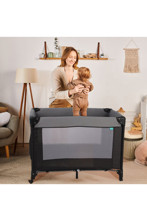 MOON Kidora Easy-Fold Playpen with Wheels, Storage & Edge Protection-Black