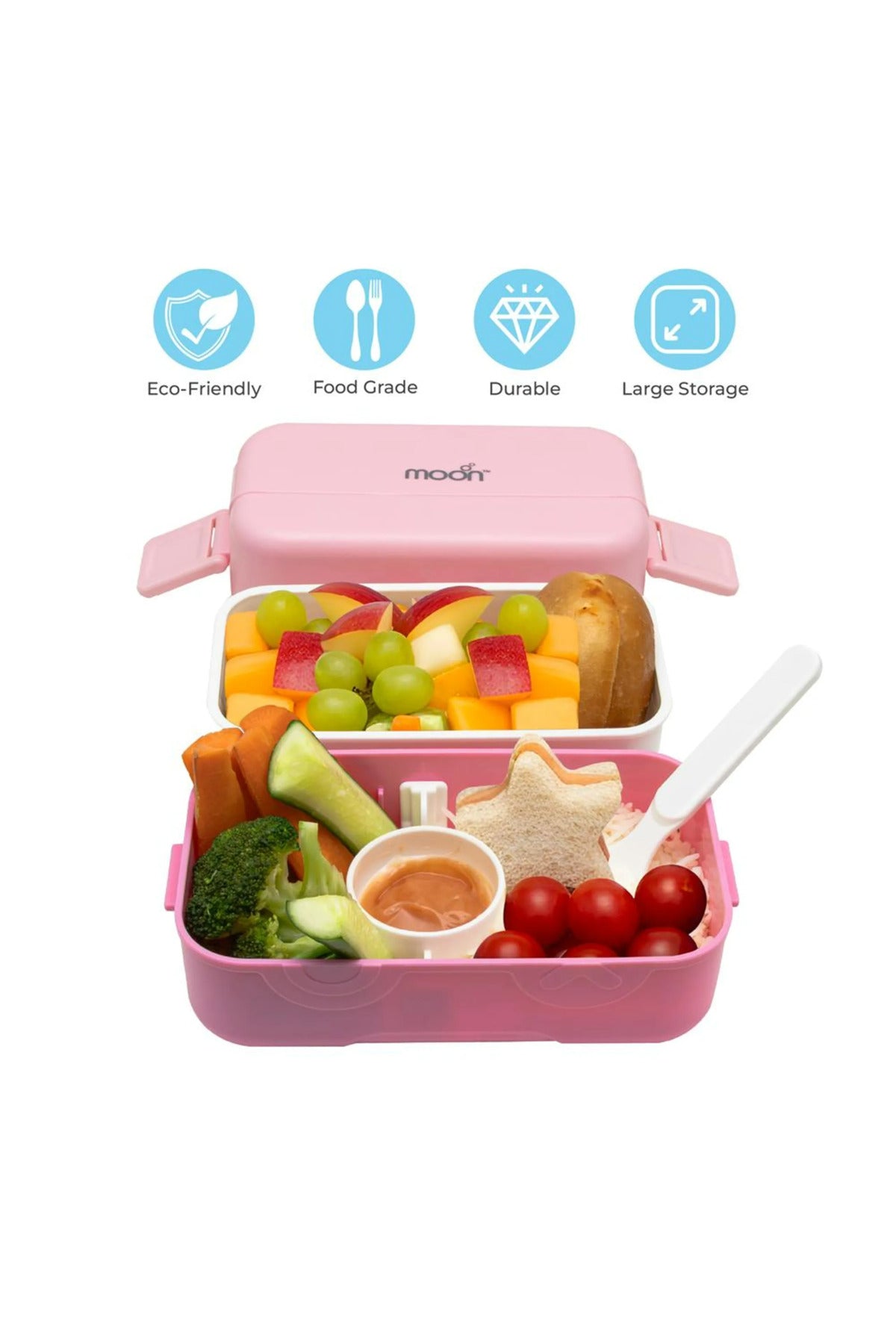 MOON Fiesta Kids Two-Tier Bento Lunch Box – BPA-Free, Leakproof, Stackable with Spoon & Seasoning Box  -Pink