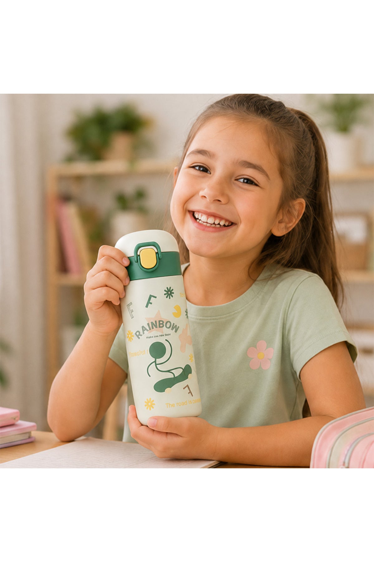 Cocobee 500Ml Green Stainless Steel Insulated Water Bottle – Leakproof, Odour-Free, With Soft Handle Grip (Age 3+)-Green
