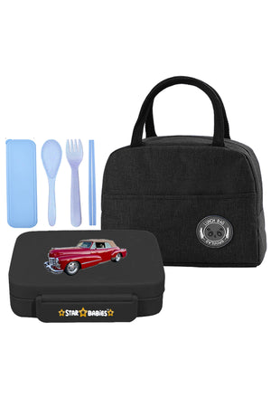 Star Babies Insulated Mini Lunch Bag with 5 Compartment Lunch Box and Fork-Spoon Set- Black