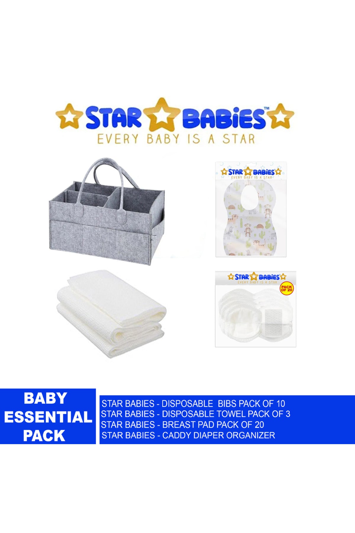 Star Babies - Caddy Organizer Diaper & Bibs 10pcs & Breast Pad 20pcs & Towel 3pcs - Grey