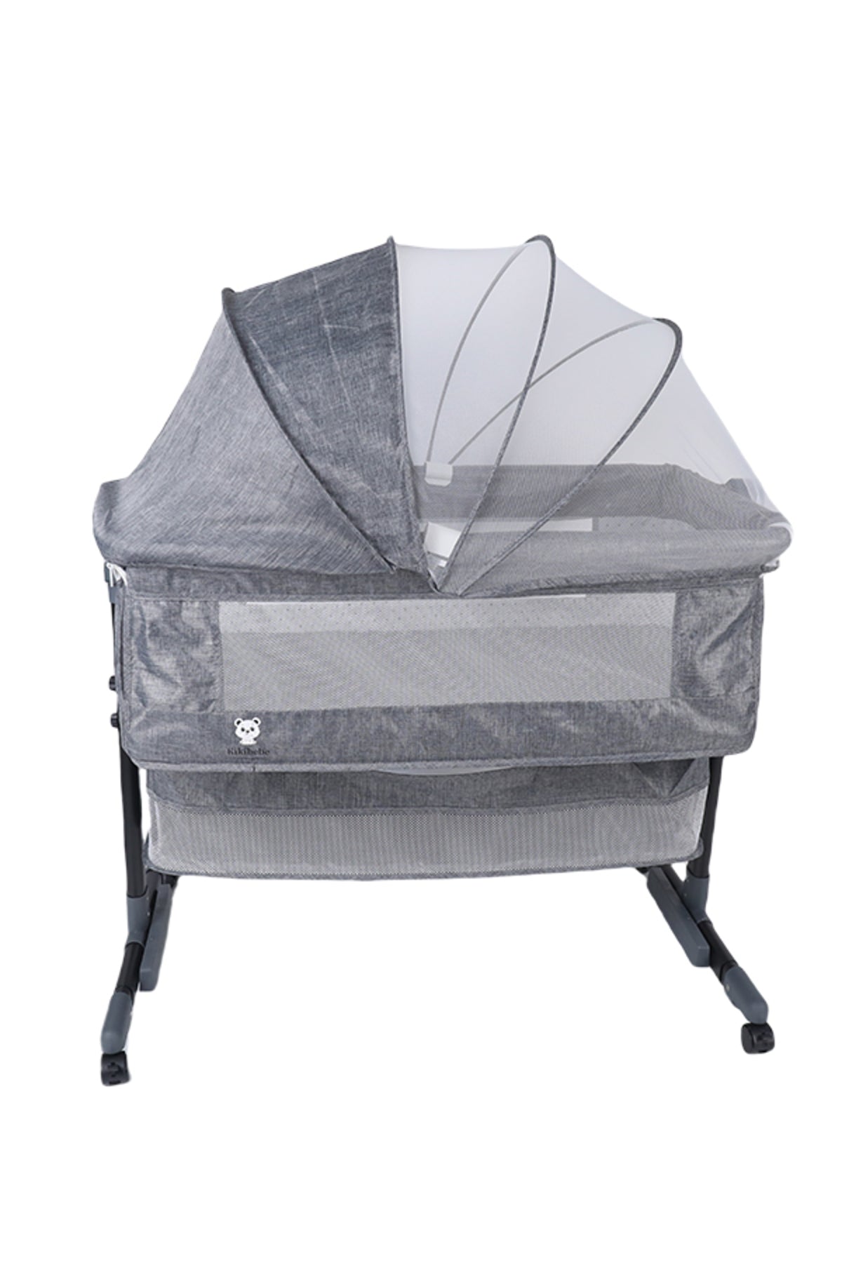 Kikibebe 3-In-1 Baby Bedside Crib – Portable, Adjustable With Storage Basket, Mosquito Net & Breathable Mattress – Light Grey