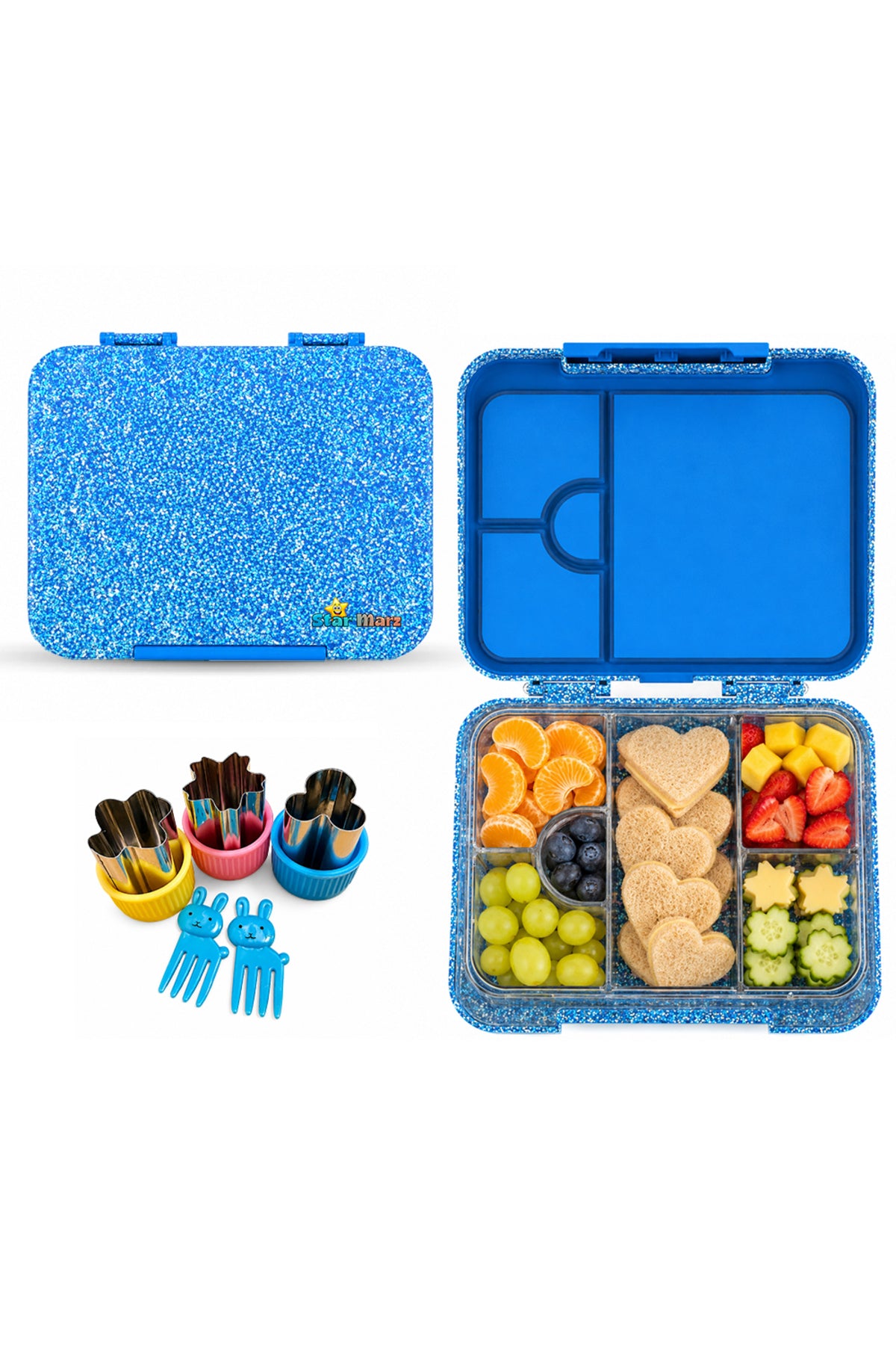 StarMarz Unicorn Bento Glitter Lunch Box – 4–6 Compartments, 1195Ml Capacity, Sandwich Cutters, Fruit Pickers & Detachable Tray – Multicolor