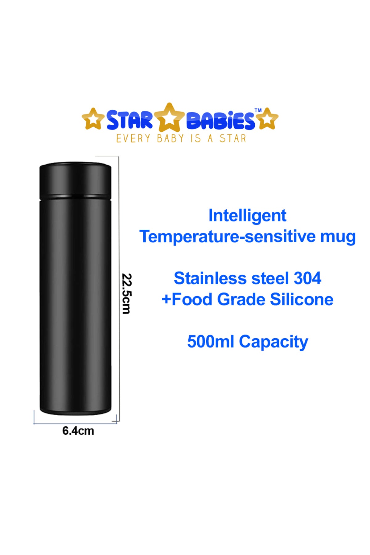 Star Babies - Insulated Stainless Steel Water Bottle - Black - 500ml