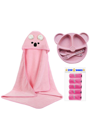 Star Babies - Microfiber Hooded Towel, Scented Bag 5pcs and Baby Plate - Pink