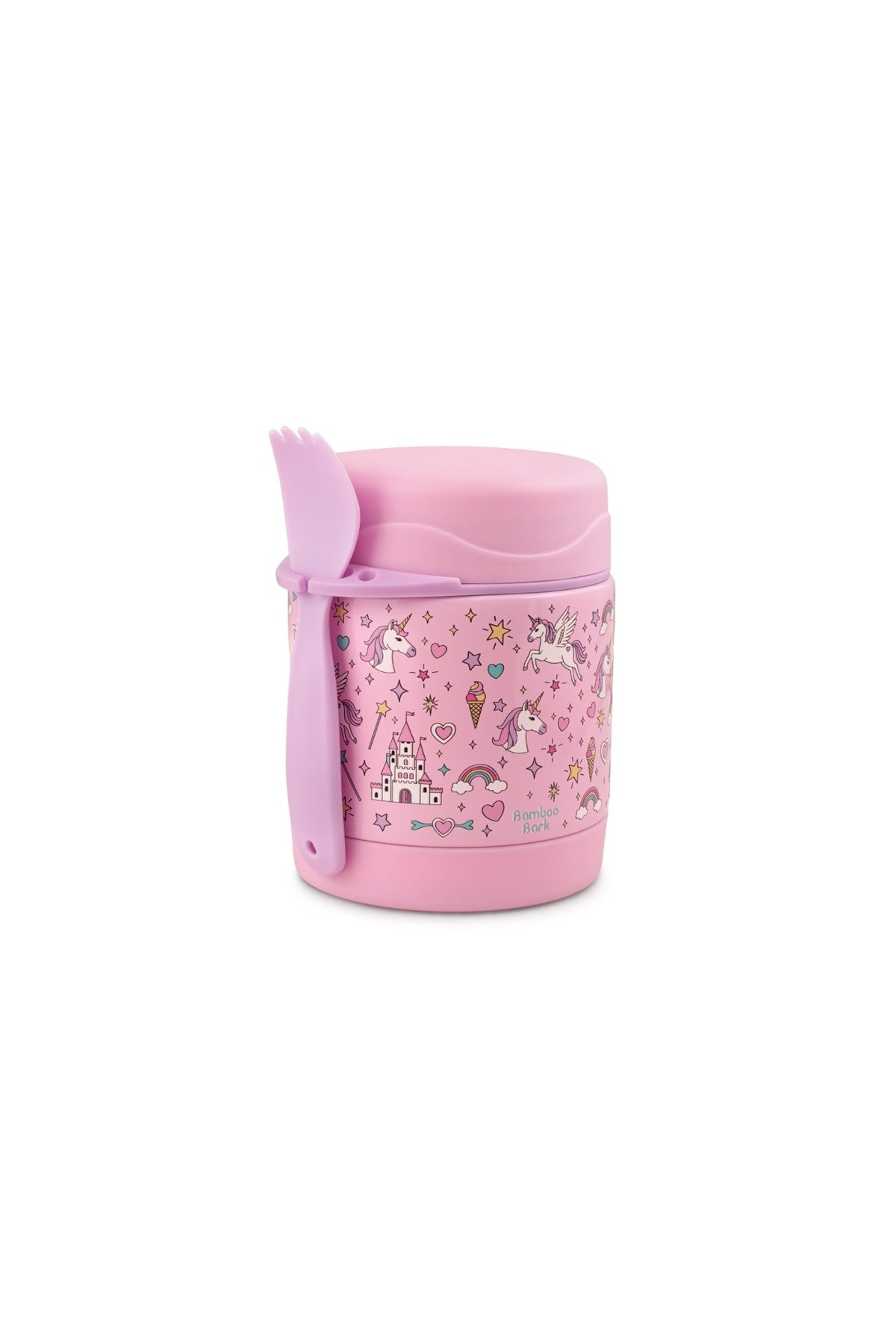 Bamboo Bark Kids Insulated Stainless Steel Food Jar with Fork, 350ml Thermal Lunch Container for Hot or Cold Food, Leakproof, BPA-Free, Ideal for School, Daycare & Travel,| Unicorn Design