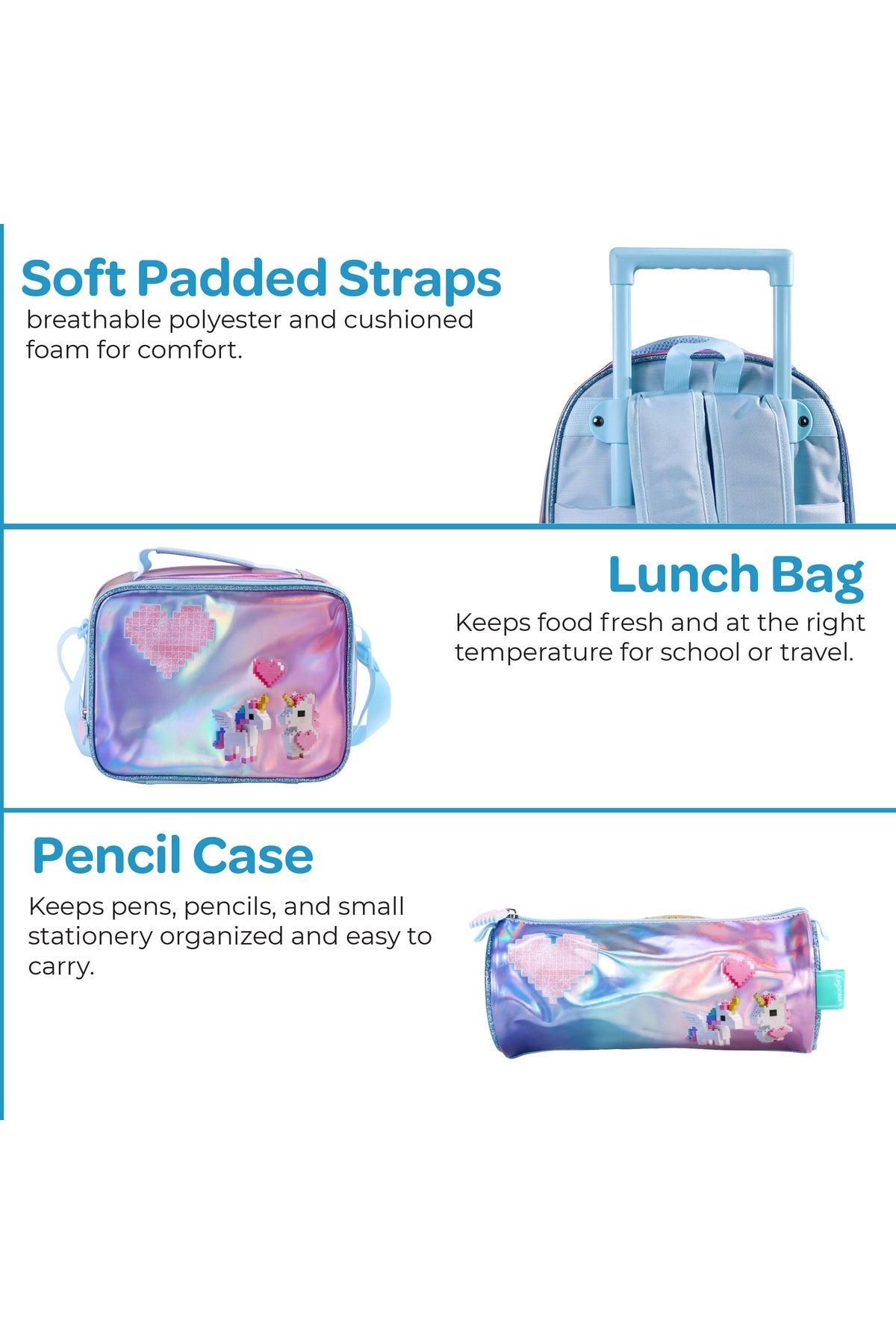 MOON Unicorn 3 in 1 Kids Trolley Set    - (16-Inch) Premium Kids School Bag with Lunch Bag & Pencil Case- Pink &Blue