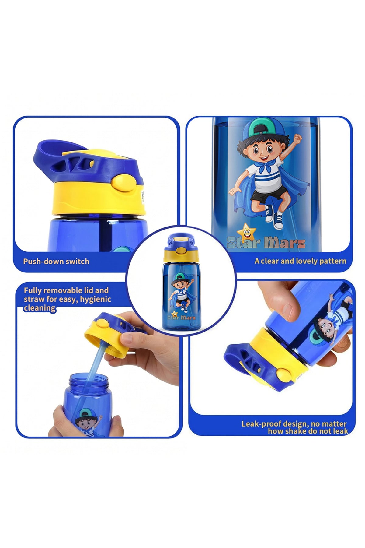 StarMarz - Blue Space Bento Glitter Lunch Box with Plastic Water Bottle Super Boy (480ml) - Blue