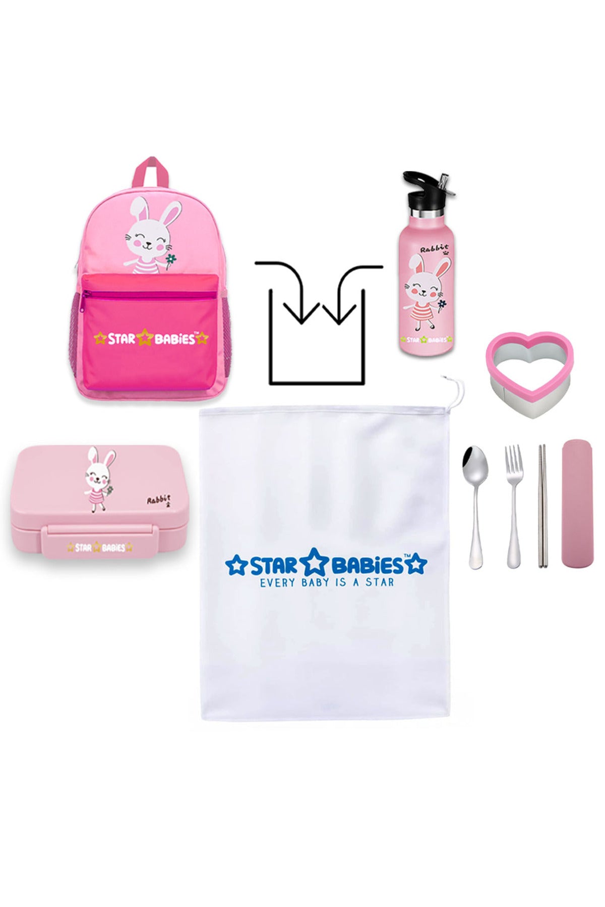 Star Babies 16-Inch Cute Rabbit Themed Children's Backpack with Adjustable Shoulder Strap for Hiking Large with 500 ml Stainless Steel Water Bottle and Bento Lunch Box with 4 Compartments, Leak-Proof, Toddler-Friendly, 3 Years+, Pack of 3