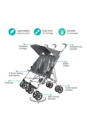 MOON  Jet Plus  Twin Buggy Lightweight Travel strollers- up to 30Kg,6m+ -Dark Grey