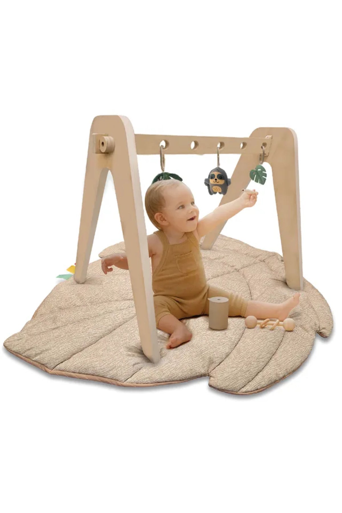 MOON Natures Nook Maple Leaf Shaped Baby Playmat with Wooden 'A' Frame Arch-Tummy Time for 6M+ Toddlers - Beige