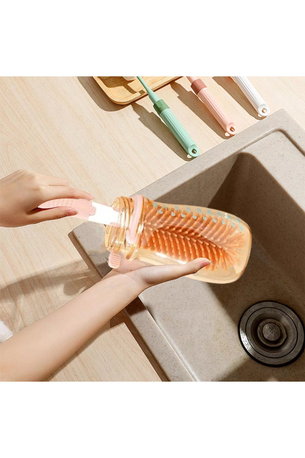 Star Babies - 7-In-1 Baby Bottle Cleaning Brush & Rack Travel Set - Pink