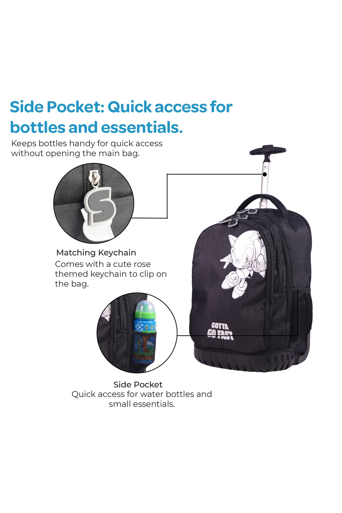 MOON Licensed SONIC  the Hedgehog 3-in-1 Kids Trolley Backpack Set - (18-Inch) Premium Kids School Bag with Lunch Bag & Pencil Case-Black&Grey