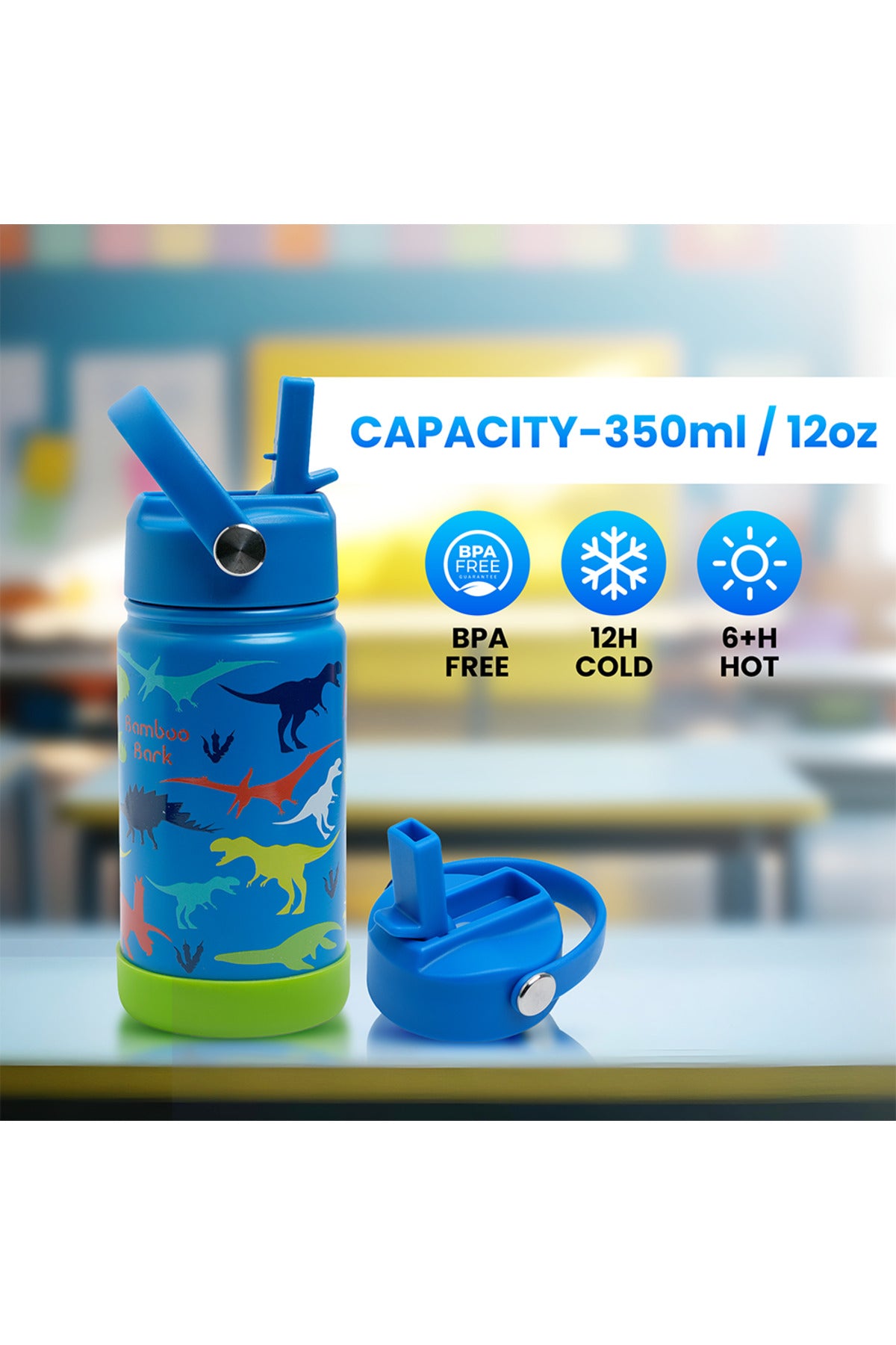 Bamboo Bark Insulated Water Bottle with Straw & Handle – Stainless Steel Double Wall Thermos Flask for Hot & Cold Water, Leak-Proof & Reusable Kids Water Bottle