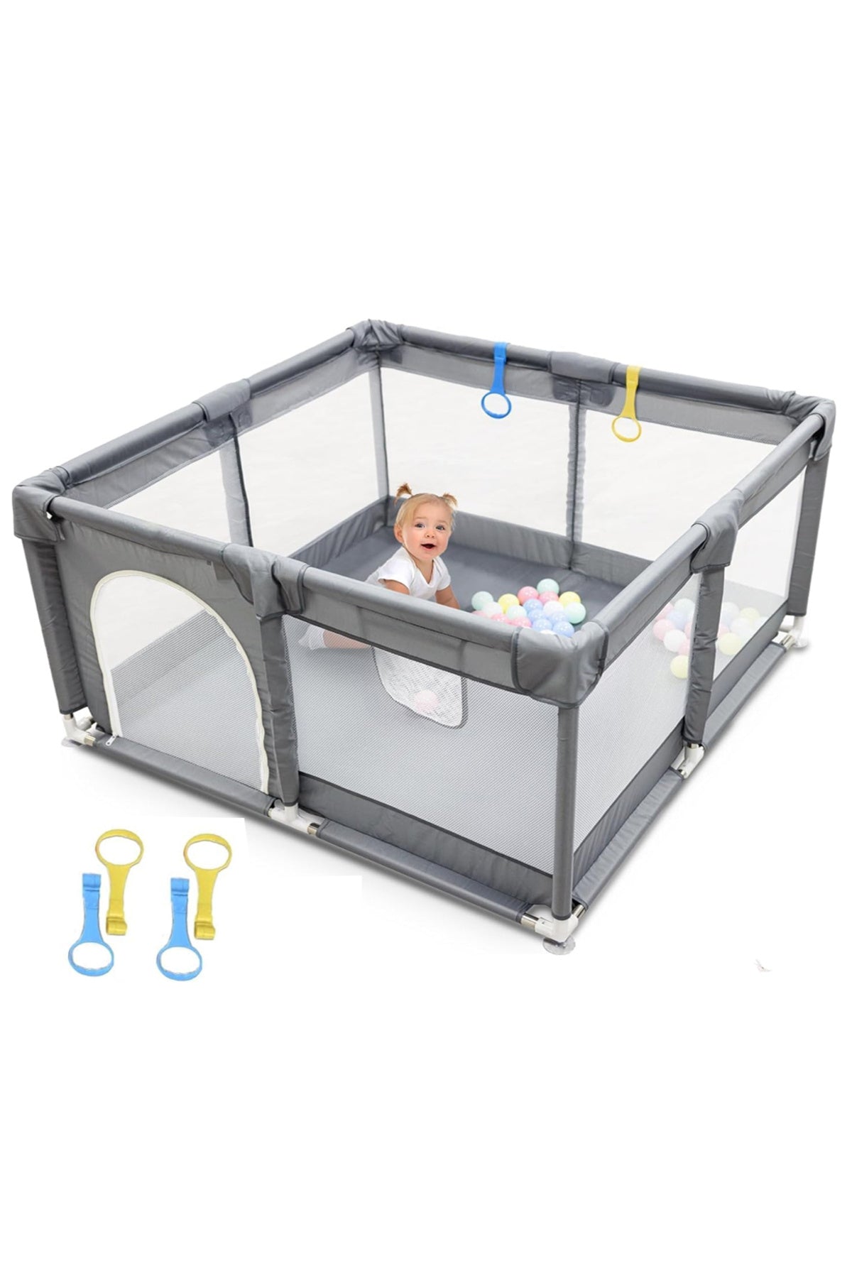 Star Babies - Baby Playpen With 4 Pull-Up Rings - Dark Grey - 180 x 150 cm