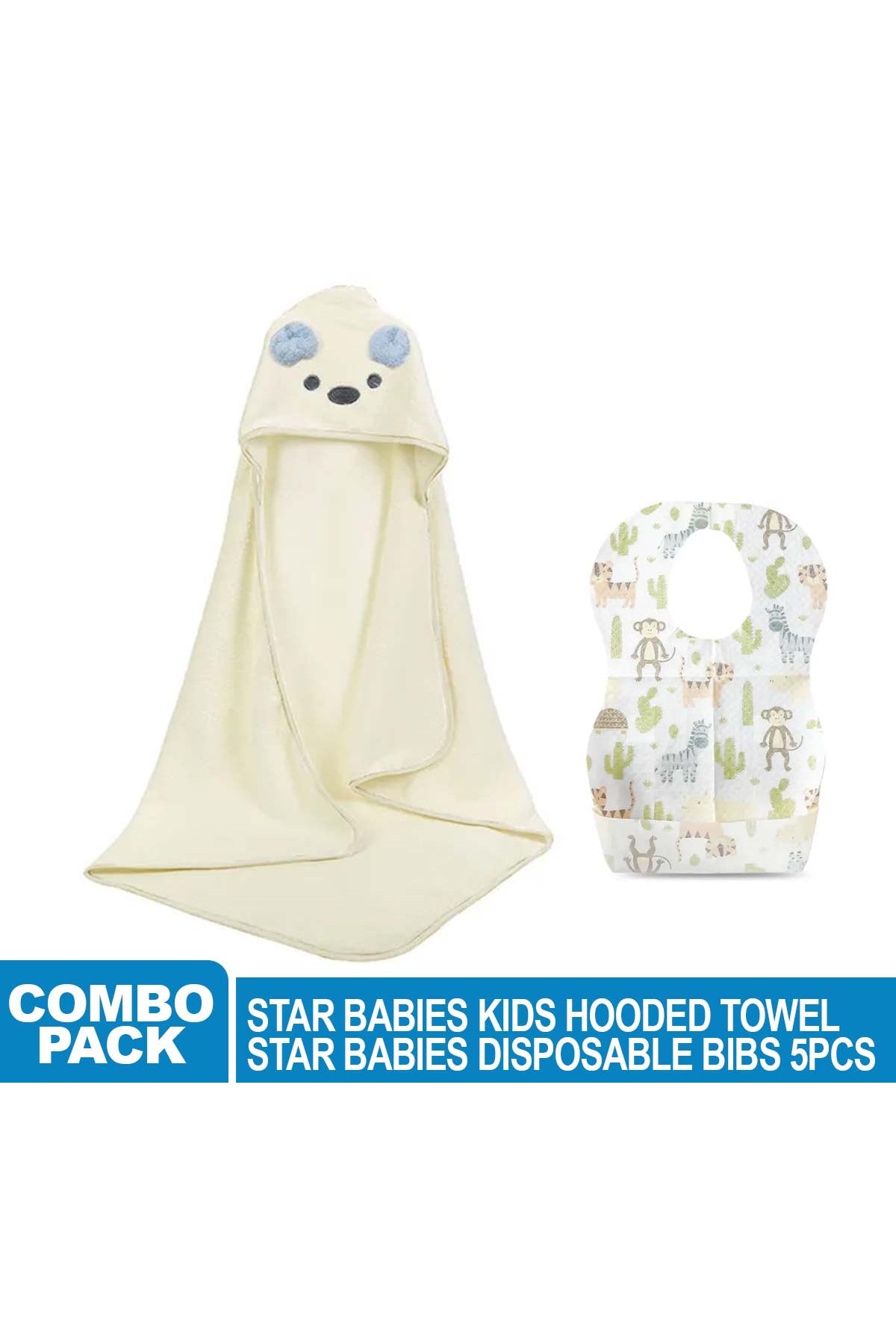 Star Babies - White Microfiber Hooded Towel w/ Disposable Bibs 10pcs - Animal Print