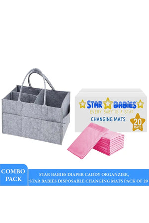 Star Babies Caddy diaper bag Grey with Disposble Changing mat 20pcs-Pink