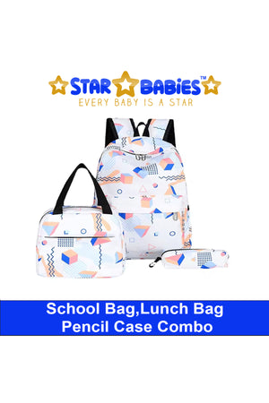 Star Babies - Preppy Style Rainbow Color School Backpack With Lunch Box Bag & Pencil Case - 3pcs Set - White