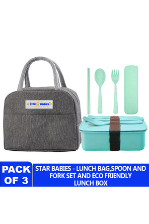 Star babies pack of 3 combo -  Insulated lunch bag with single compartment lunch box and organic cuttlery set.