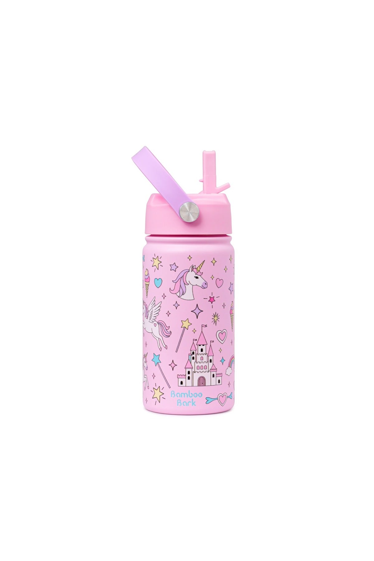 Bamboo Bark Insulated Water Bottle for Kids, 400ml Stainless Steel with Straw Lid, BPA Free Leak Proof School Water Bottle for Girls & Daily Use (Unicorn Print)