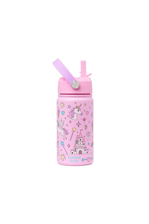 Bamboo Bark Insulated Water Bottle for Kids, 400ml Stainless Steel with Straw Lid, BPA Free Leak Proof School Water Bottle for Girls & Daily Use (Unicorn Print)
