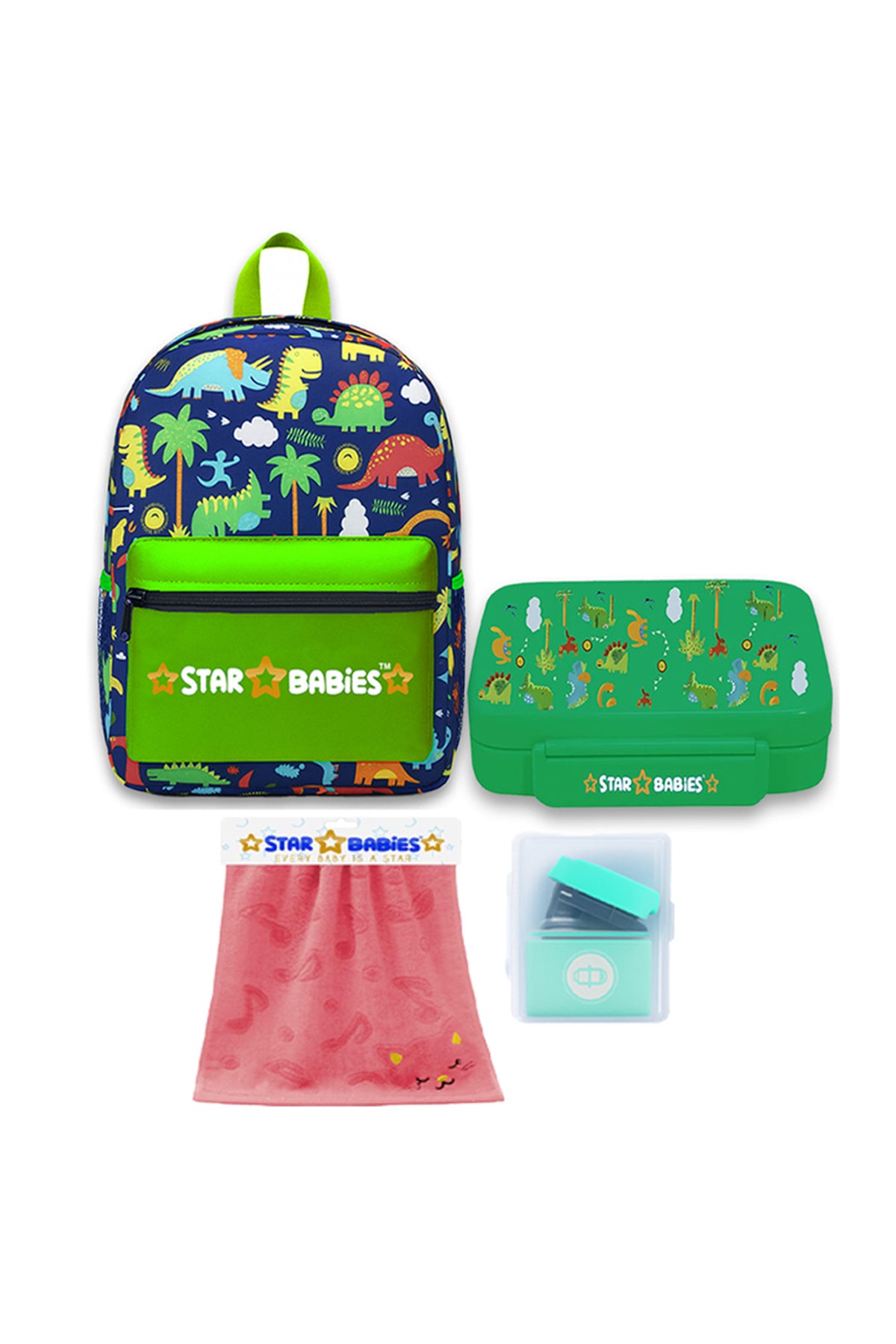 Star Babies 16-Inch Jungle Green Themed Children's Backpack with Adjustable Shoulder Strap for Hiking Large with Bento Lunch Box with 4 Compartments, BPA Free, Leak-Proof, Toddler-Friendly, 3 Years+ size,Pack of 2