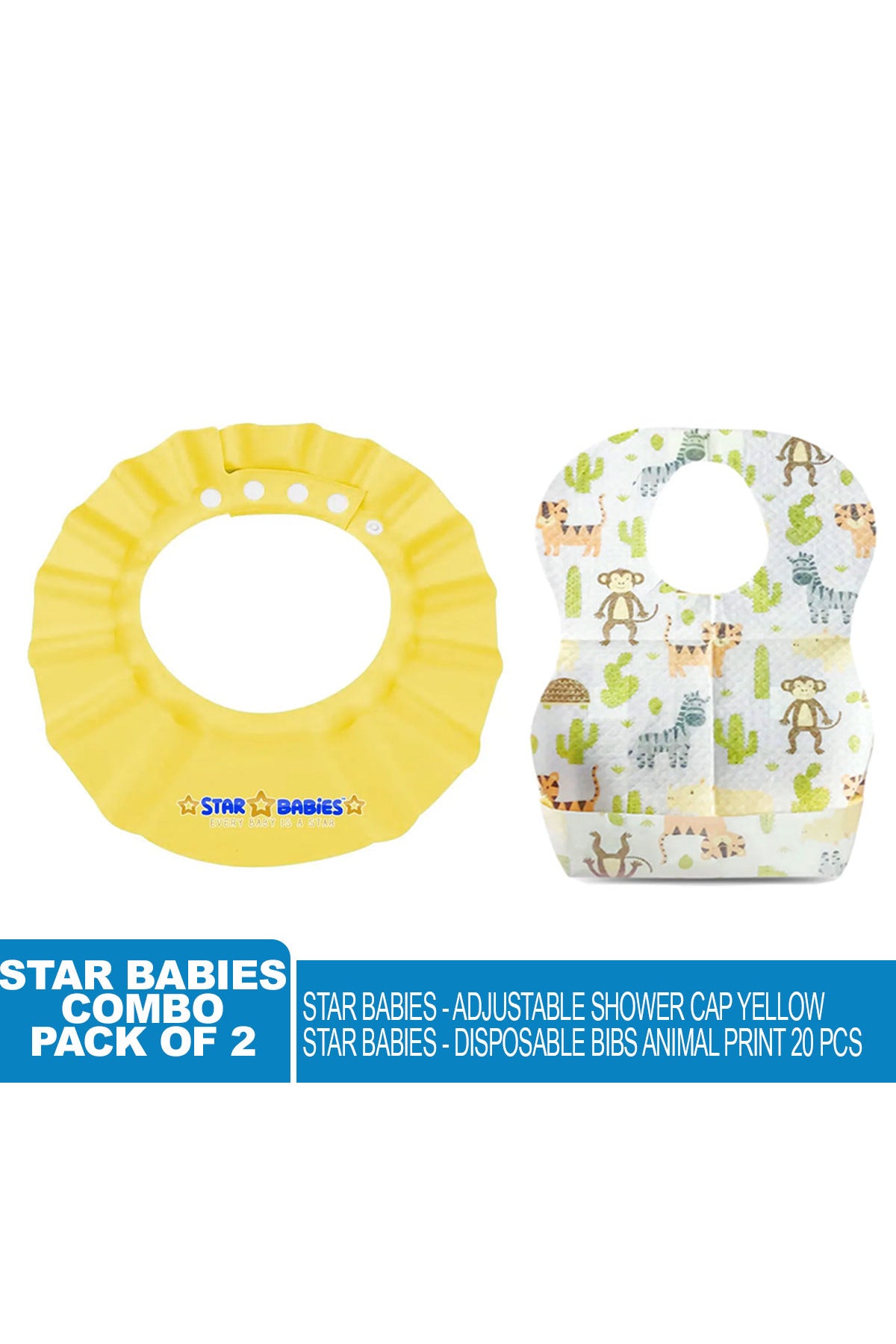 Star Babies - Combo Pack Of 2- Adjustable Shower Cap With Disposable Bibs (20 Pcs) - Yellow