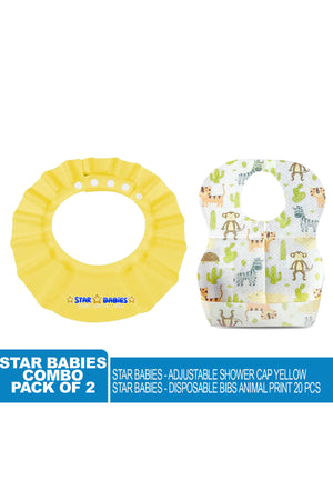 Star Babies - Combo Pack Of 2- Adjustable Shower Cap With Disposable Bibs (20 Pcs) - Yellow