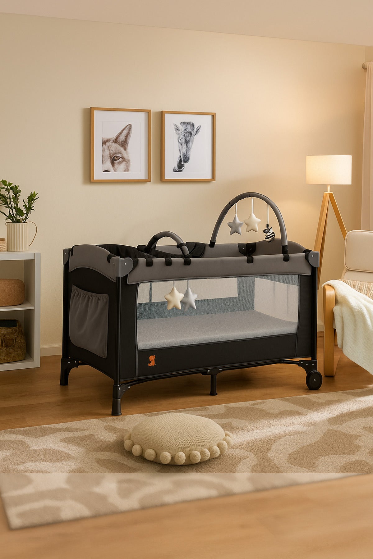 Kikibebe Expandable Convertible Bedside Crib With Playpen & Rocking Glider - Black