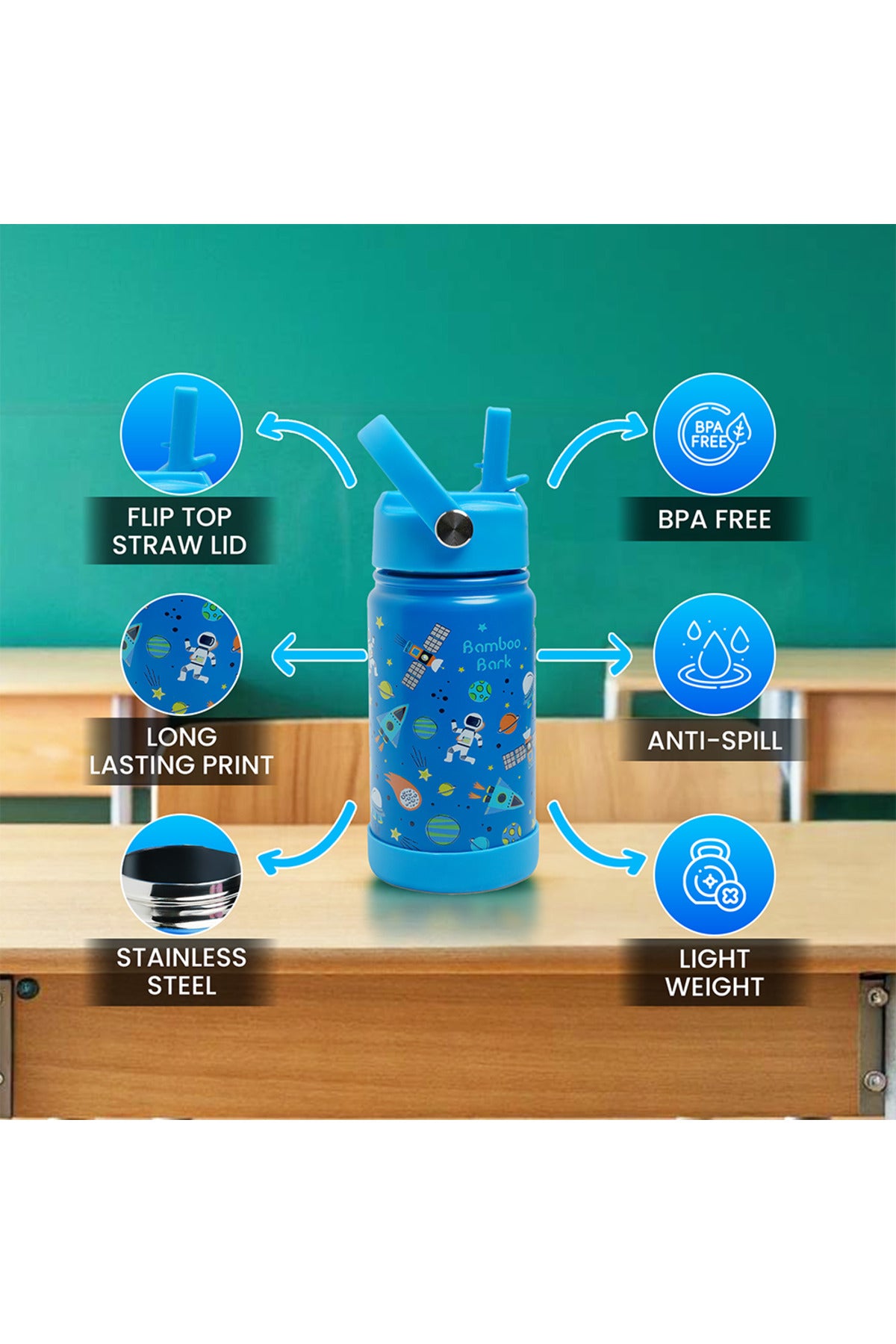 Bamboo Bark Insulated Water Bottle with Straw & Handle – Stainless Steel Double Wall Thermos Flask for Hot & Cold Water, Leak-Proof & Reusable Kids Water Bottle
