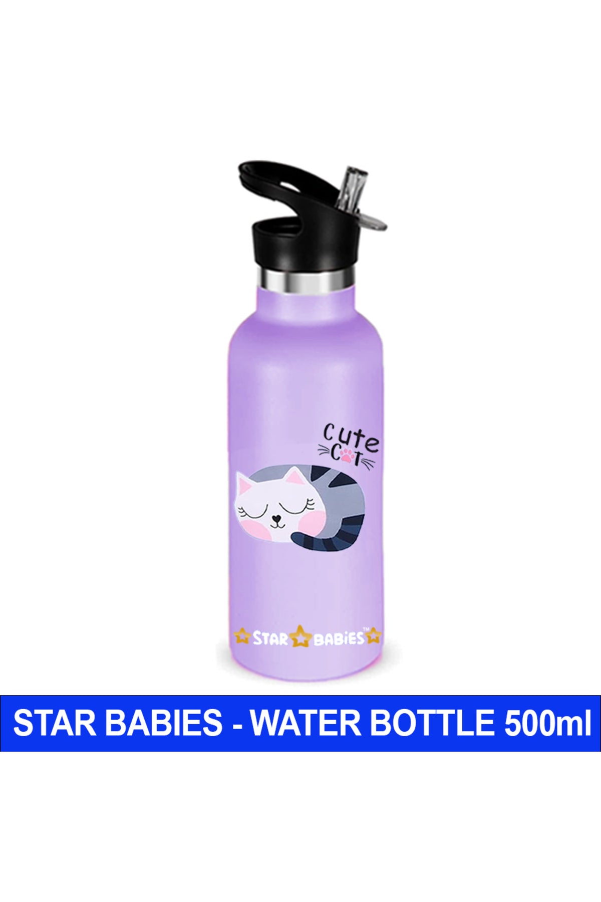 Star Babies Cute Cat Theme Anti Spil Stainless Steel 500ml Water Bottles, Vacuum Insulated Double Wall Travel Bottle with Leak-Proof hot and cold with a special Straw 3 to 6 Years-  Purple