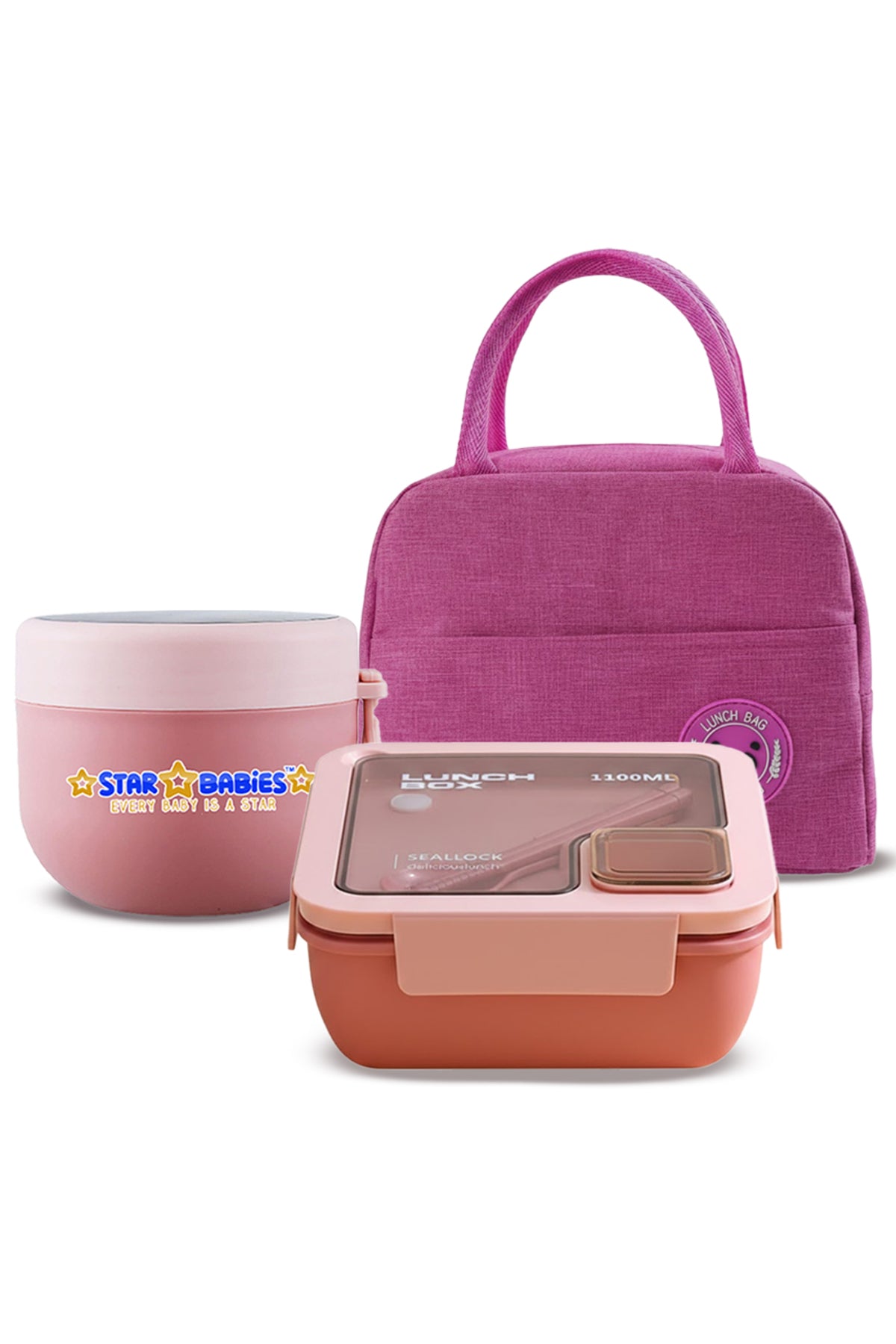 Star Babies 3-in-1 School Lunch Combo – Insulated Lunch Bag, Leak-Proof Bento Lunch Box, and  Stainless Steel Mini Food Jar Set for Kids, Toddlers & School