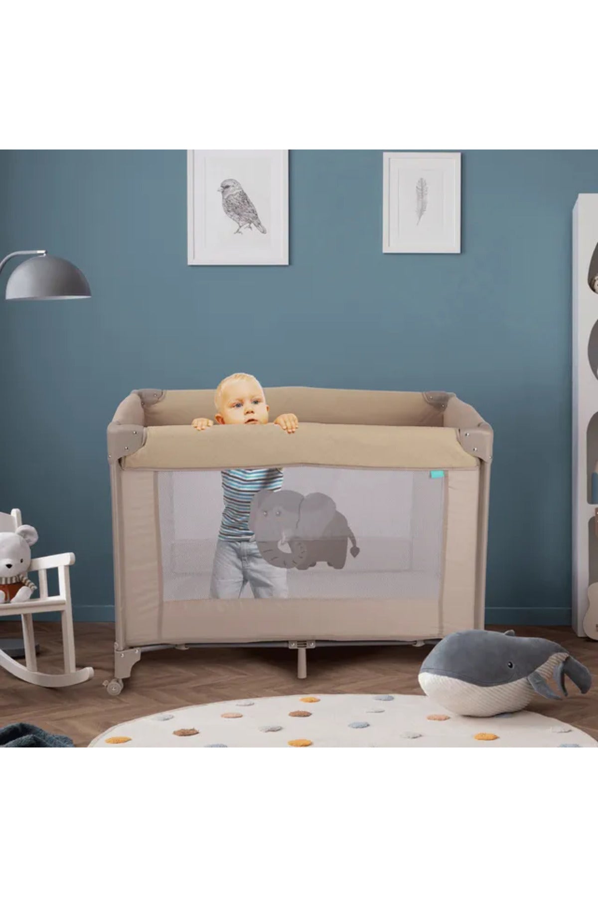 MOON Kidora Easy-Fold Playpen with Wheels, Storage & Edge Protection-Beige