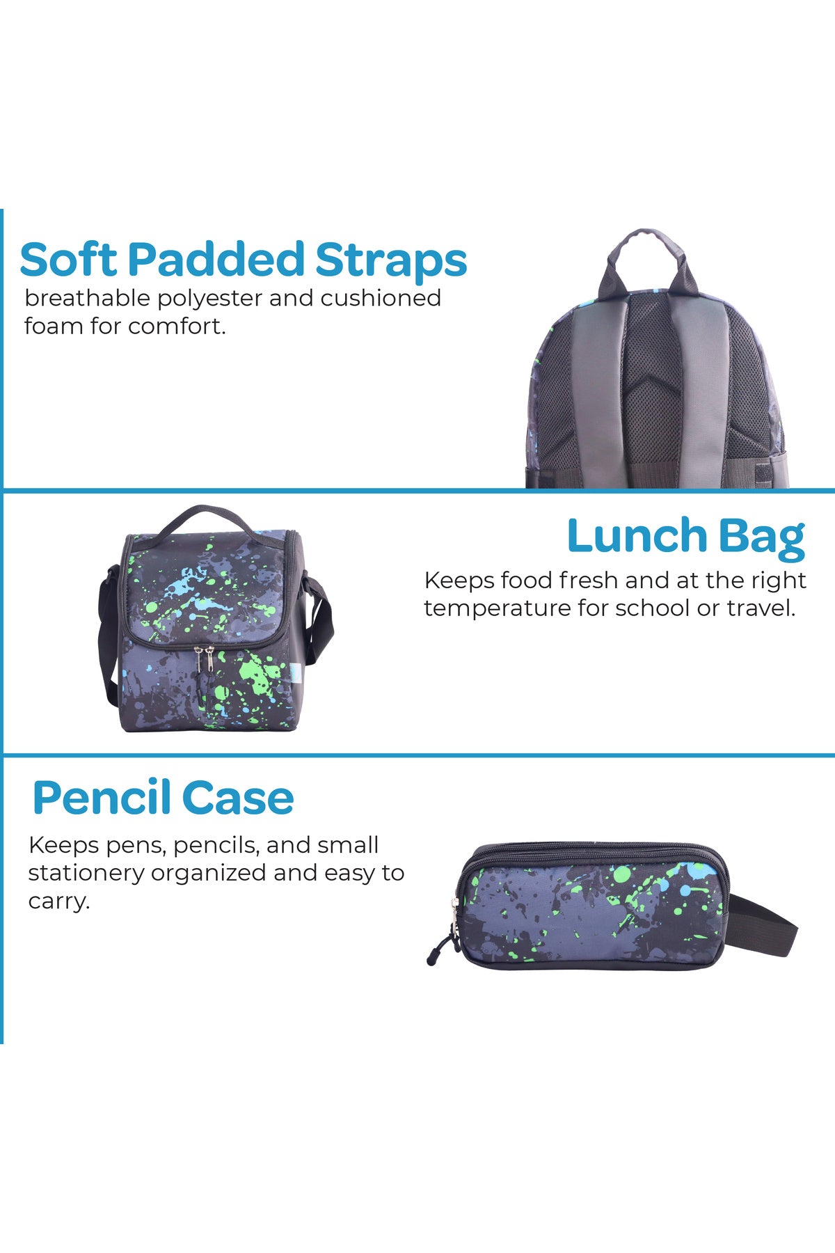 MOON  3 in 1 Kids Backpack  Set   - (17-Inch) Premium Kids School Bag with Lunch Bag & Pencil Case-Black