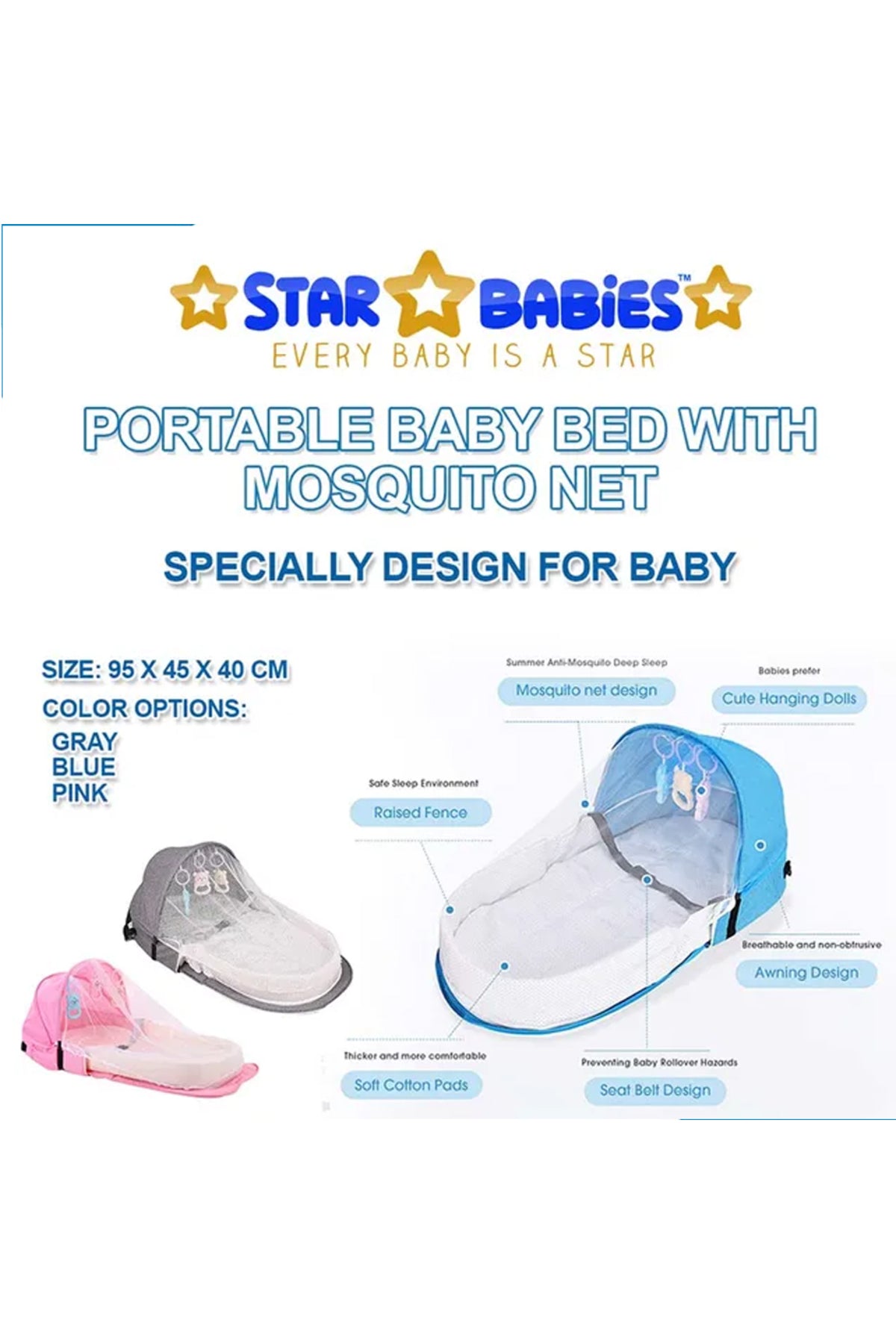 Star Babies - Bed With Mosquito Net & Printed Changing Pad - Grey