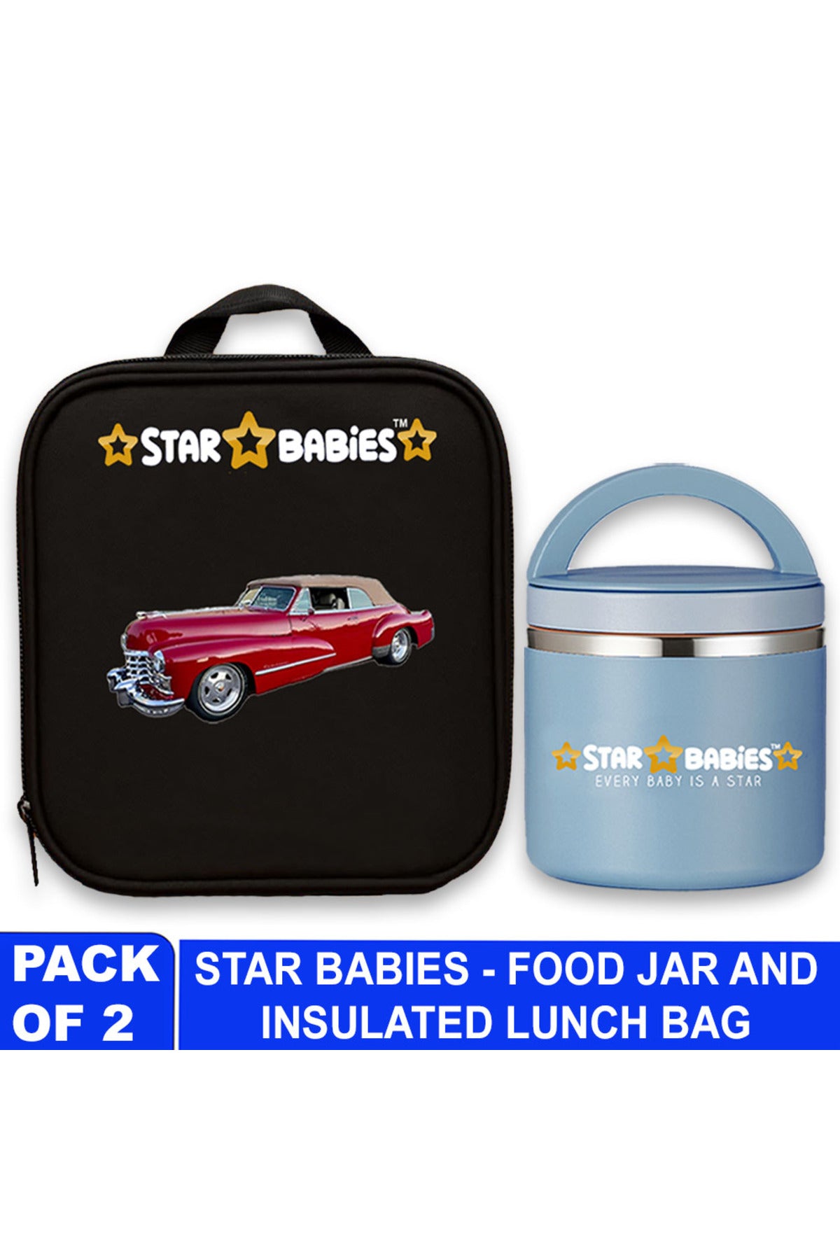 Star Babies Retro Car Themed Bento Lunch Bag , Toddler-Friendly, 3 Years+, Easy to clean-  Black with food jar Blue- 500ml