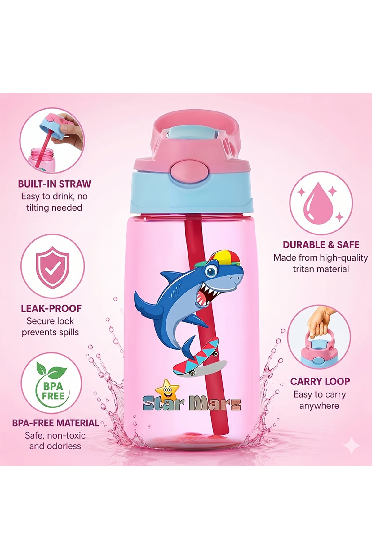 StarMarz - Unicorn Purple Bento Glitter Lunch Box with Plastic Water Bottle Shark (480ml) - Purple