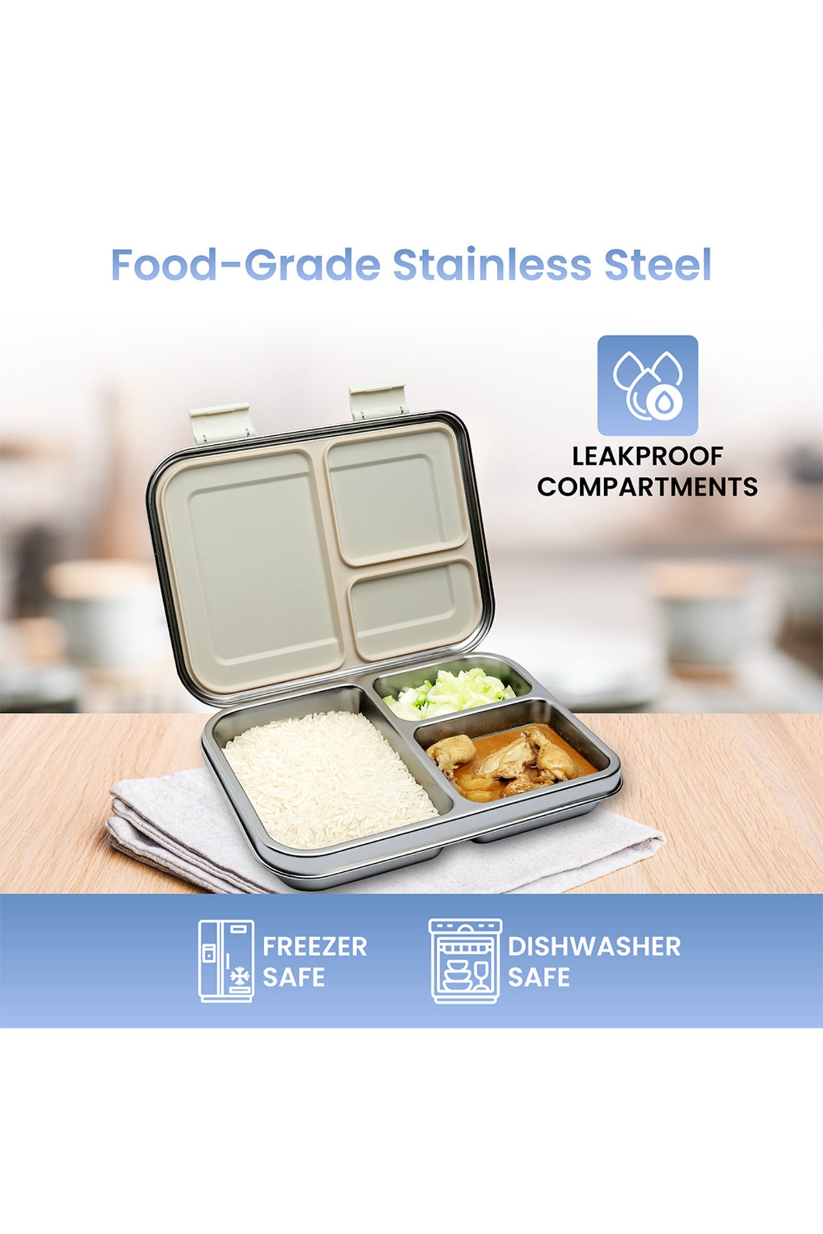 Bamboo Bark Stainless Steel Bento Lunch Box with Lid, 1030ml Leakproof Metal Stackable Snack Box, and 3 Multi-Compartment Divided Meal Prep Food Storage Containers for School, Travel and Work – (Butterfly Print)