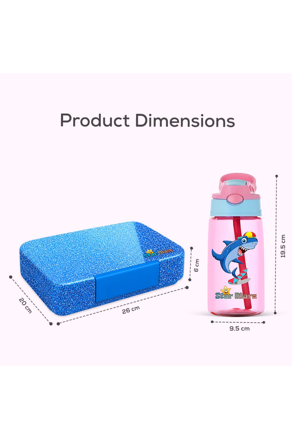 StarMarz - Unicorn Blue Bento Glitter Lunch Box wth Plastic Water Bottle Shark (480ml) - Pink