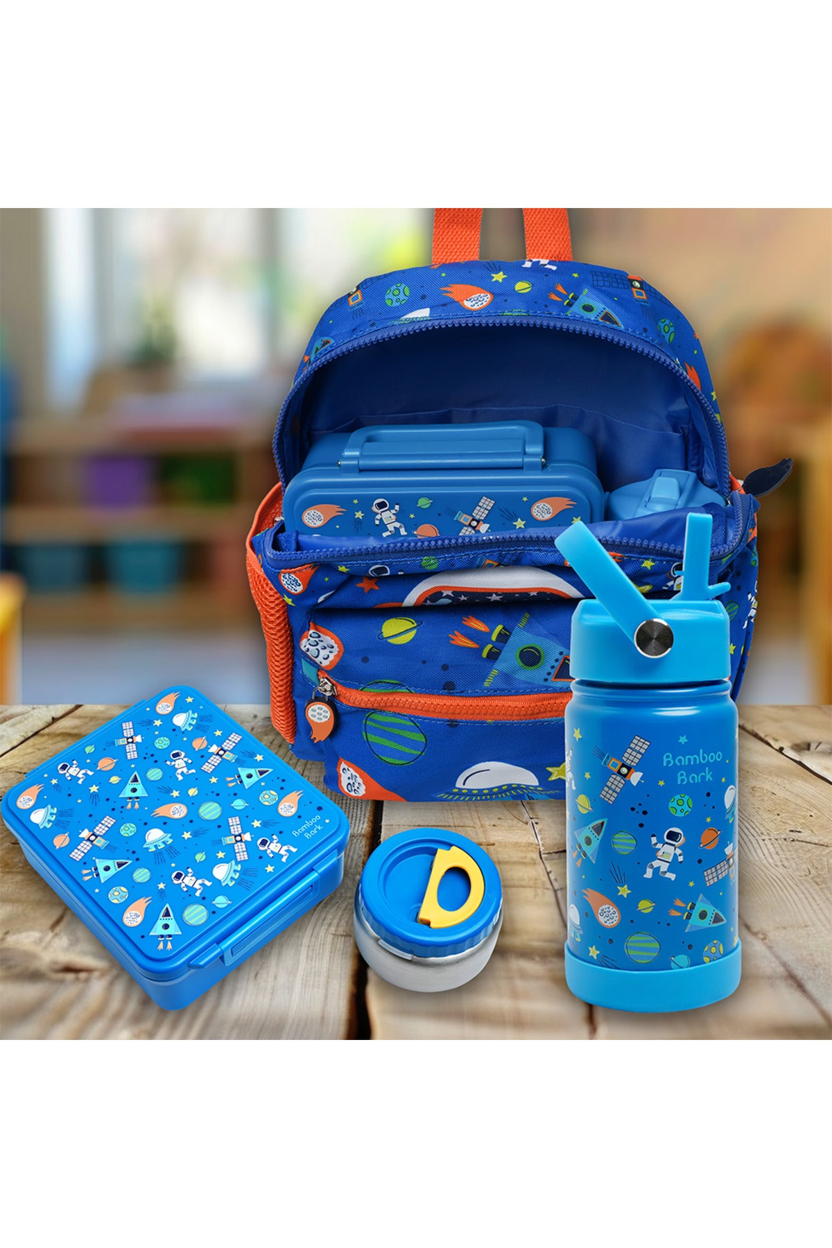 Bamboo Bark childrens kids large school lunch box, bento, snack box with compartments for kids, food jar included