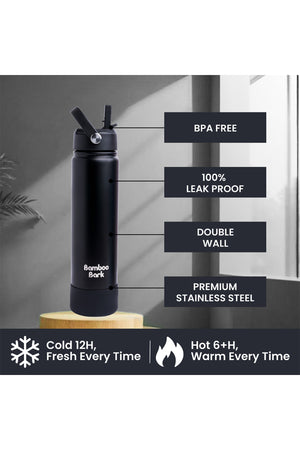 Bamboo Bark 750 ML Insulated Water Bottle with Sipper Lid – Stainless Steel Double Wall Vacuum Flask for Hot & Cold Water Leak-Proof, Reusable Sports Thermos Bottle - (Black)